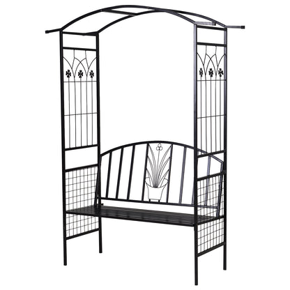 Arch with Bench Seat Bench Arch Trellis Climbing Aid Garden Metal Black 154 x 60 x 205 cm