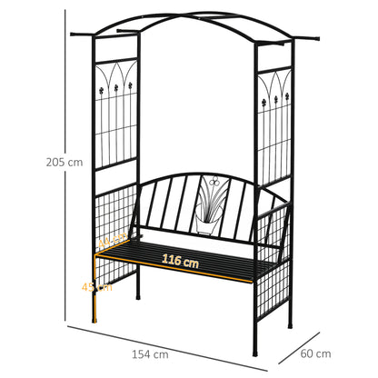 Arch with Bench Seat Bench Arch Trellis Climbing Aid Garden Metal Black 154 x 60 x 205 cm