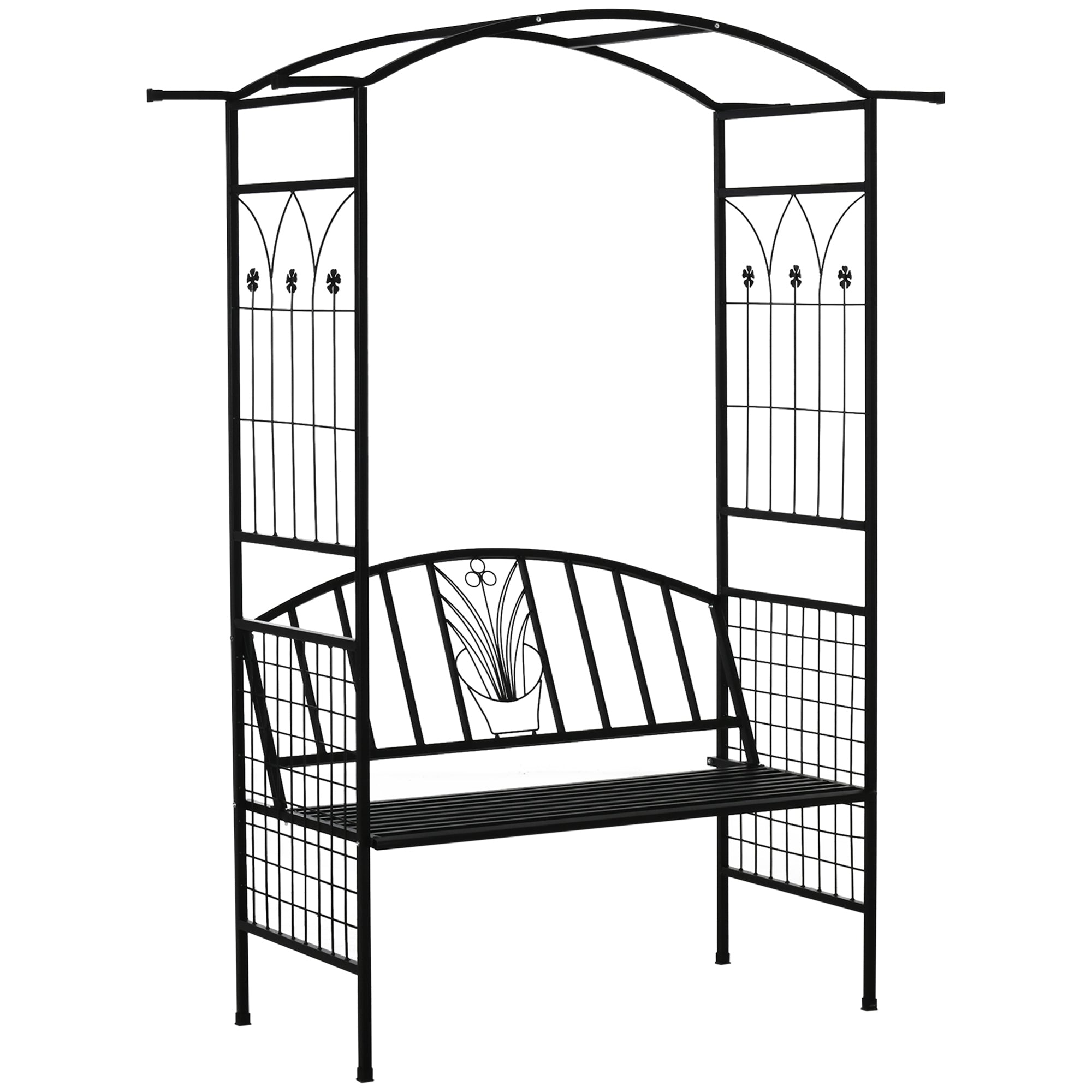 Arch with Bench Seat Bench Arch Trellis Climbing Aid Garden Metal Black 154 x 60 x 205 cm