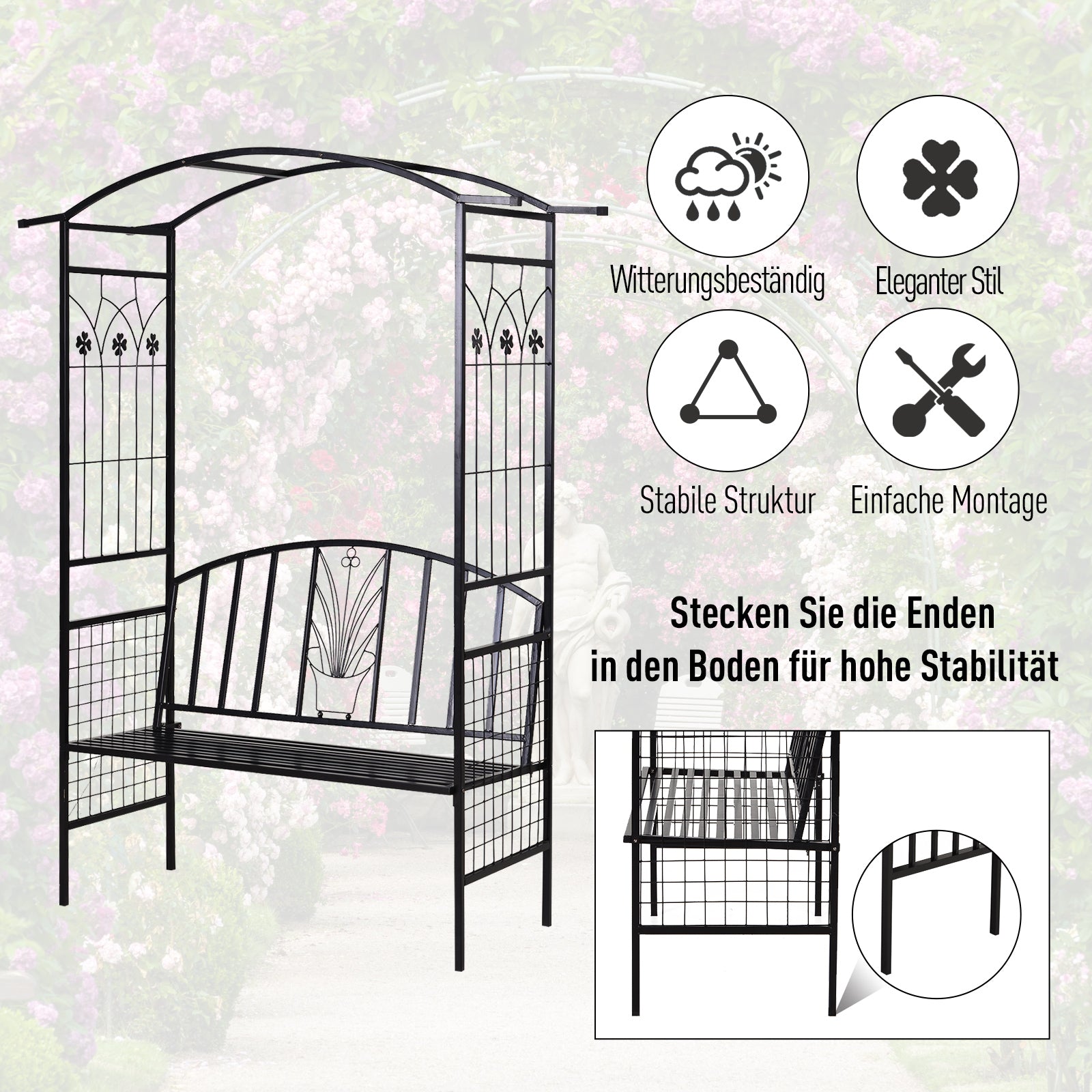 Arch with Bench Seat Bench Arch Trellis Climbing Aid Garden Metal Black 154 x 60 x 205 cm