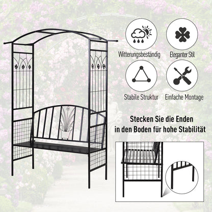 Arch with Bench Seat Bench Arch Trellis Climbing Aid Garden Metal Black 154 x 60 x 205 cm