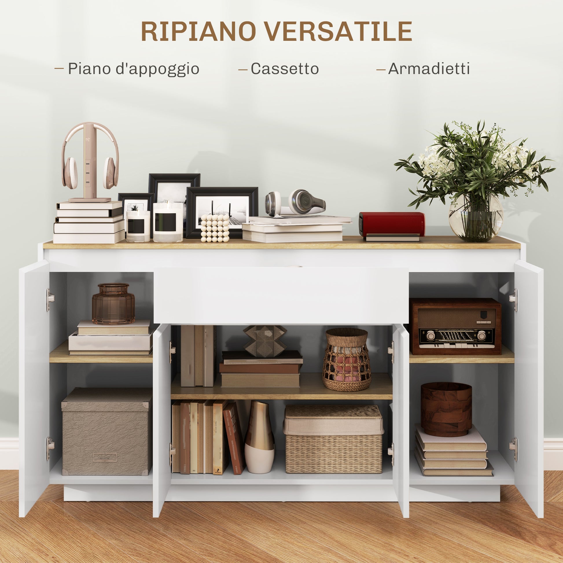 Kitchen Sideboard with 3 Cabinets and 4 Doors, Modern Kitchen Cabinet with Drawer, Adjustable Shelf, and Soft-Close Doors, Wood MDF Cabinet for Living Room, Dining Room, 140x40x75 cm, White