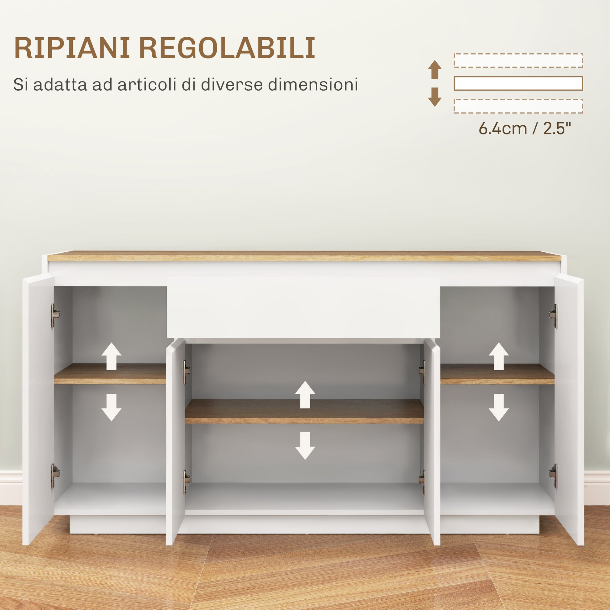 Kitchen Sideboard with 3 Cabinets and 4 Doors, Modern Kitchen Cabinet with Drawer, Adjustable Shelf, and Soft-Close Doors, Wood MDF Cabinet for Living Room, Dining Room, 140x40x75 cm, White