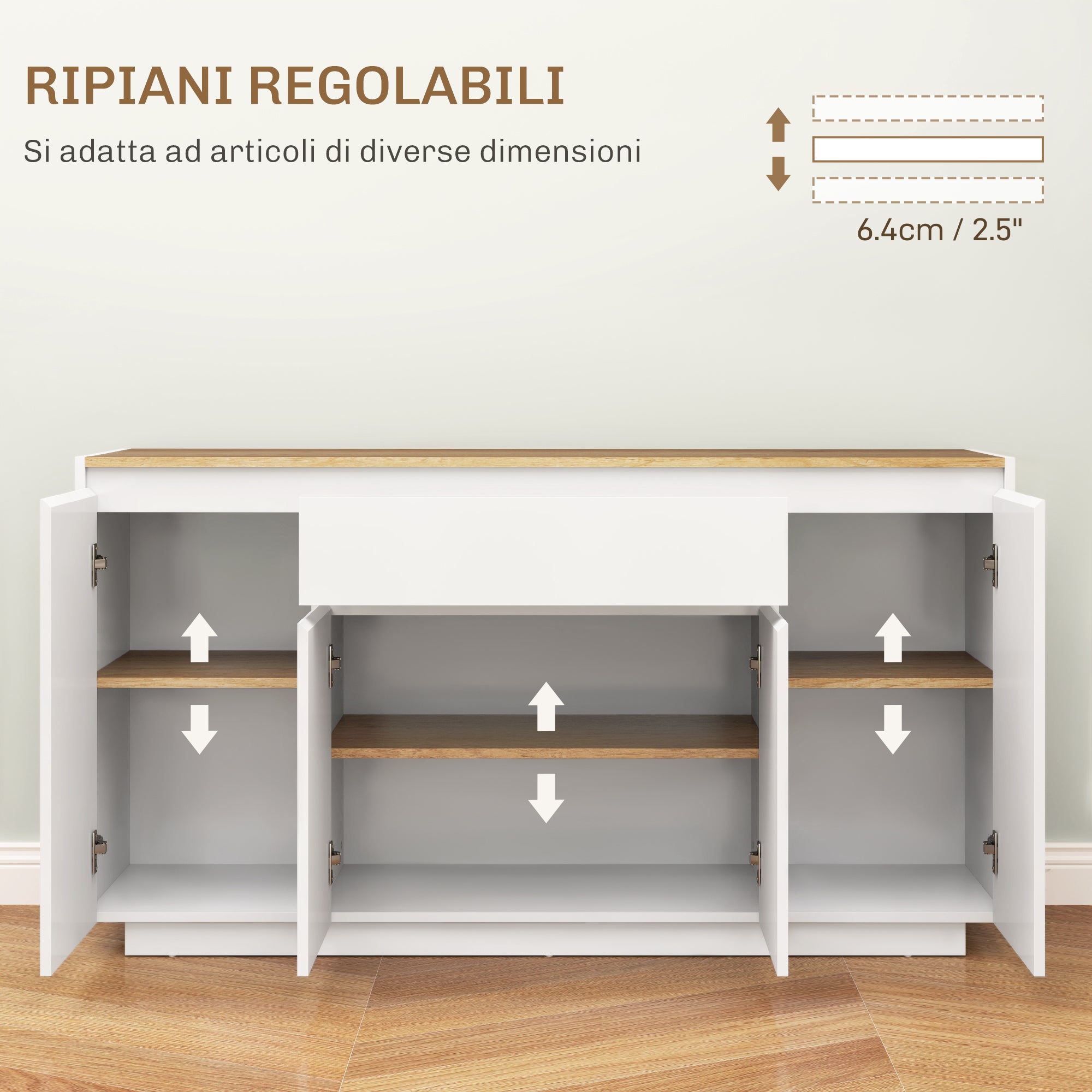 Kitchen Sideboard with 3 Cabinets and 4 Doors, Modern Kitchen Cabinet with Drawer, Adjustable Shelf, and Soft-Close Doors, Wood MDF Cabinet for Living Room, Dining Room, 140x40x75 cm, White