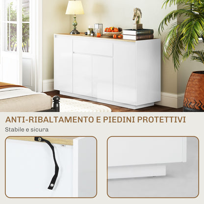 Kitchen Sideboard with 3 Cabinets and 4 Doors, Modern Kitchen Cabinet with Drawer, Adjustable Shelf, and Soft-Close Doors, Wood MDF Cabinet for Living Room, Dining Room, 140x40x75 cm, White