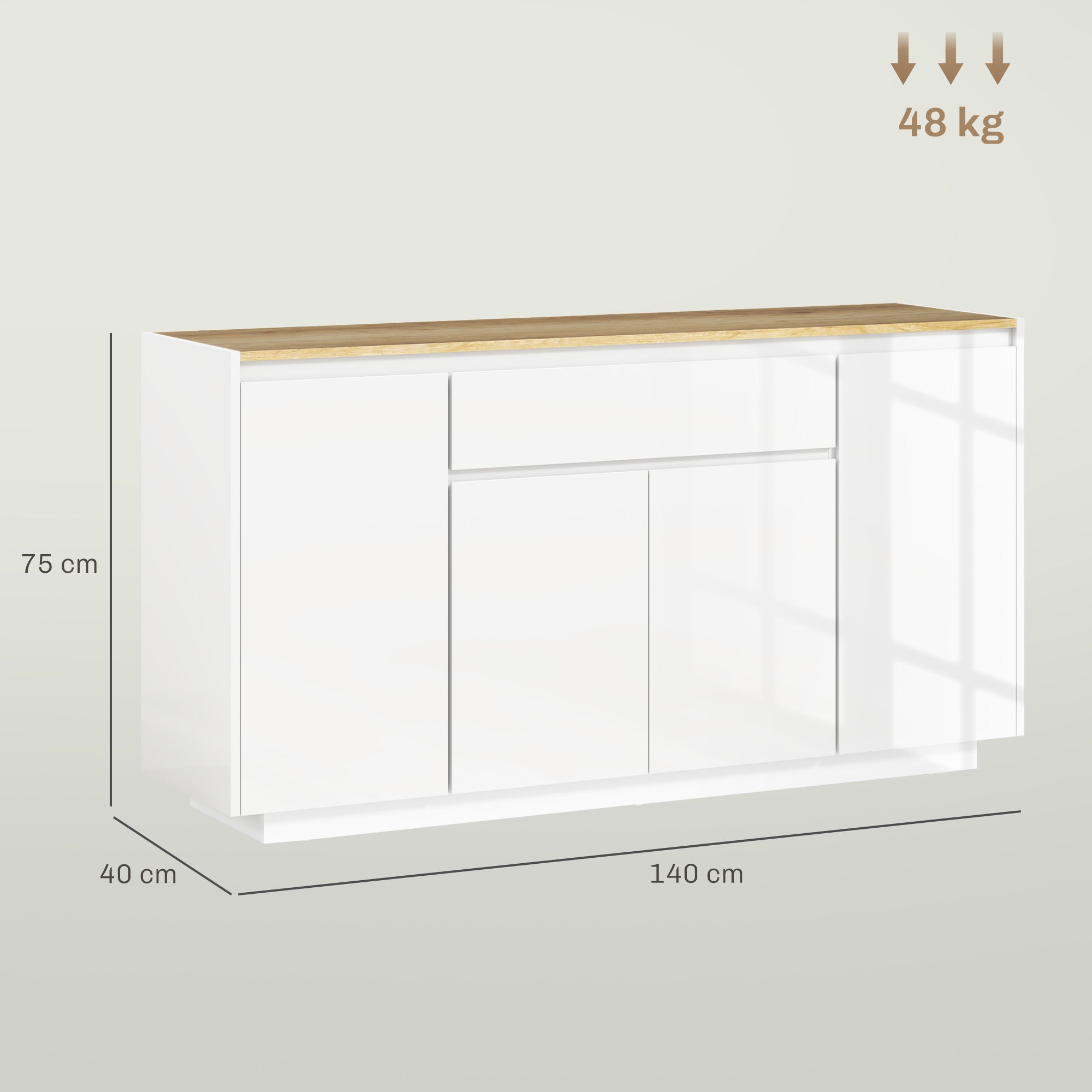 Kitchen Sideboard with 3 Cabinets and 4 Doors, Modern Kitchen Cabinet with Drawer, Adjustable Shelf, and Soft-Close Doors, Wood MDF Cabinet for Living Room, Dining Room, 140x40x75 cm, White