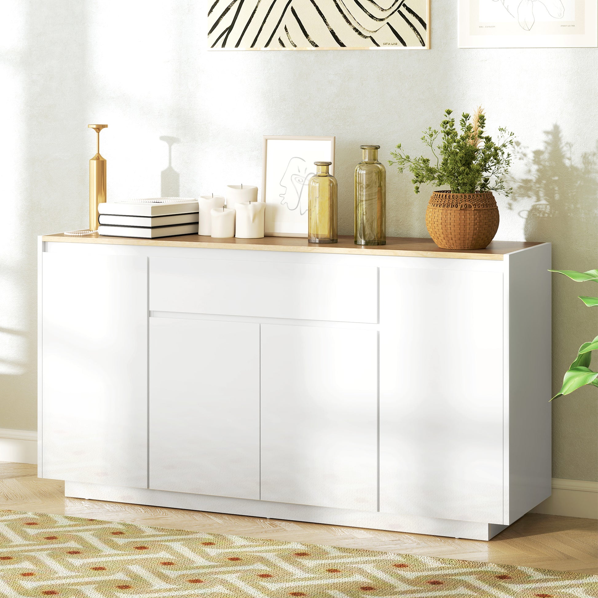 Kitchen Sideboard with 3 Cabinets and 4 Doors, Modern Kitchen Cabinet with Drawer, Adjustable Shelf, and Soft-Close Doors, Wood MDF Cabinet for Living Room, Dining Room, 140x40x75 cm, White