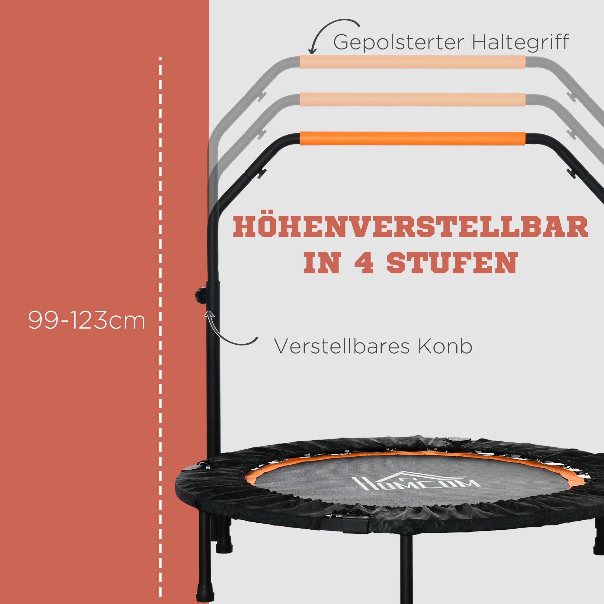 102 cm Fitness Trampoline, Foldable Mini Trampoline with Four-Height Adjustable Handlebar, Fitness Rebounder for Adults, up to 100 kg, Black+Orange