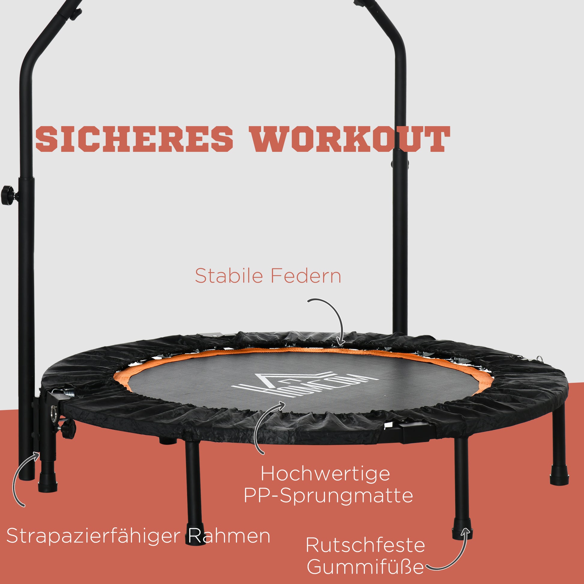102 cm Fitness Trampoline, Foldable Mini Trampoline with Four-Height Adjustable Handlebar, Fitness Rebounder for Adults, up to 100 kg, Black+Orange