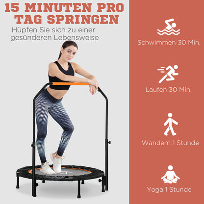102 cm Fitness Trampoline, Foldable Mini Trampoline with Four-Height Adjustable Handlebar, Fitness Rebounder for Adults, up to 100 kg, Black+Orange