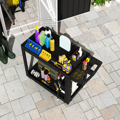 Workshop Tool Cart with 2 Layers, Tool Cart with Side Handle, Hook Holes Workshop Cart for Garage, Warehouse, max. 227 kg Load Capacity, Black