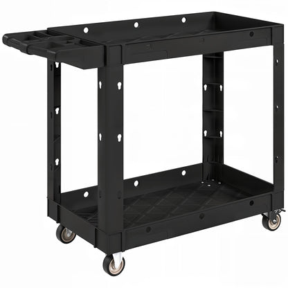 Workshop Tool Cart with 2 Layers, Tool Cart with Side Handle, Hook Holes Workshop Cart for Garage, Warehouse, max. 227 kg Load Capacity, Black