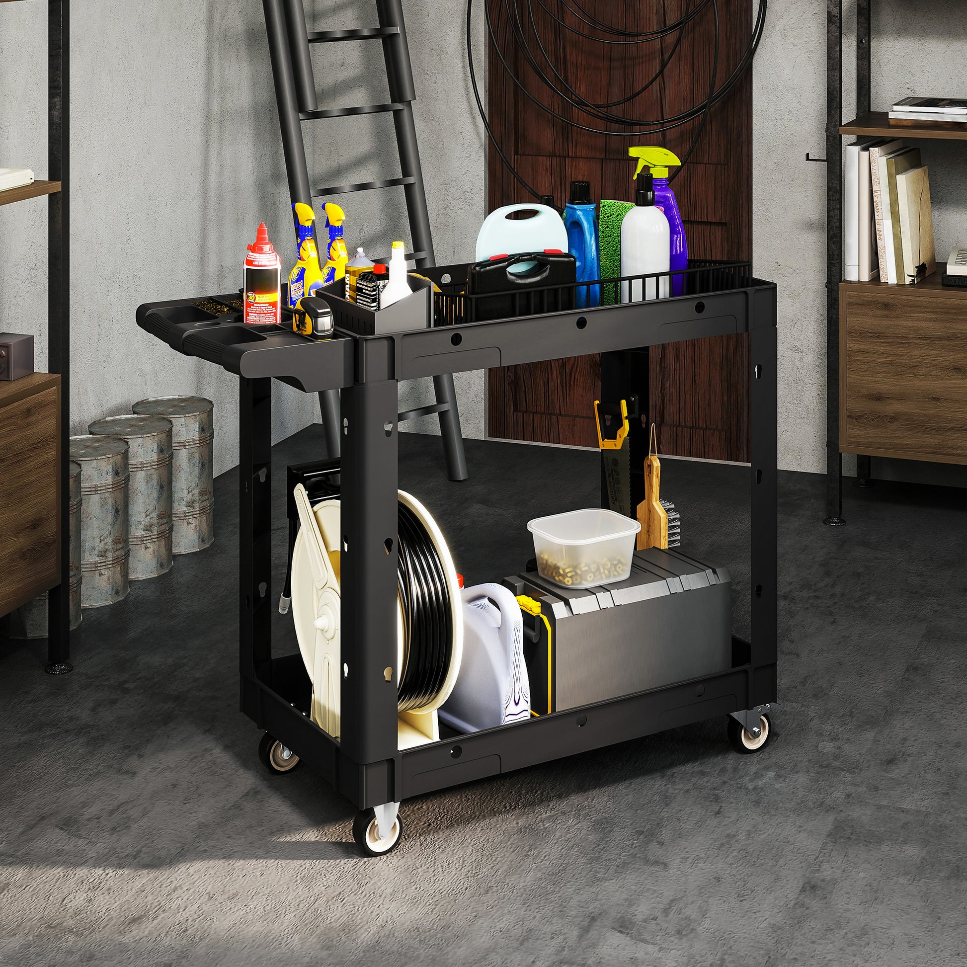Workshop Tool Cart with 2 Layers, Tool Cart with Side Handle, Hook Holes Workshop Cart for Garage, Warehouse, max. 227 kg Load Capacity, Black