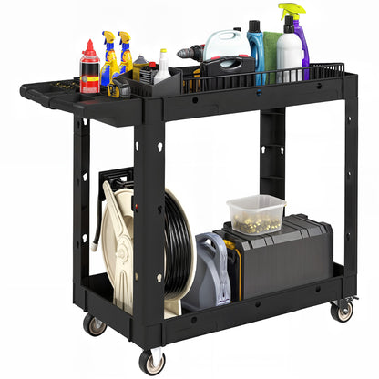 Workshop Tool Cart with 2 Layers, Tool Cart with Side Handle, Hook Holes Workshop Cart for Garage, Warehouse, max. 227 kg Load Capacity, Black