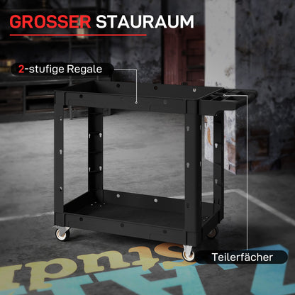 Workshop Tool Cart with 2 Layers, Tool Cart with Side Handle, Hook Holes Workshop Cart for Garage, Warehouse, max. 227 kg Load Capacity, Black