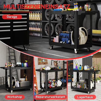 Workshop Tool Cart with 2 Layers, Tool Cart with Side Handle, Hook Holes Workshop Cart for Garage, Warehouse, max. 227 kg Load Capacity, Black
