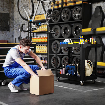 Workshop Tool Cart with 2 Layers, Tool Cart with Side Handle, Hook Holes Workshop Cart for Garage, Warehouse, max. 227 kg Load Capacity, Black