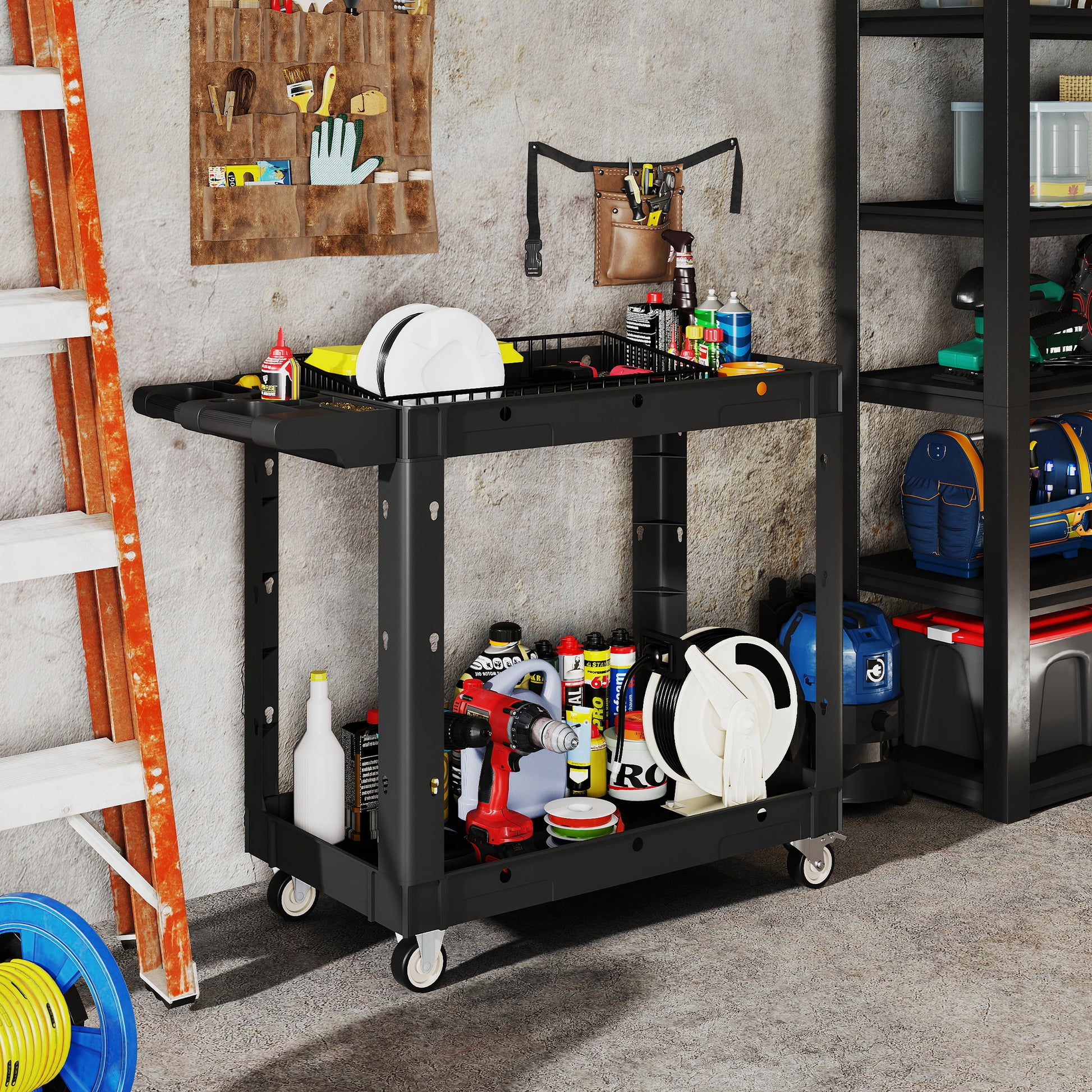 Workshop Tool Cart with 2 Layers, Tool Cart with Side Handle, Hook Holes Workshop Cart for Garage, Warehouse, max. 227 kg Load Capacity, Black