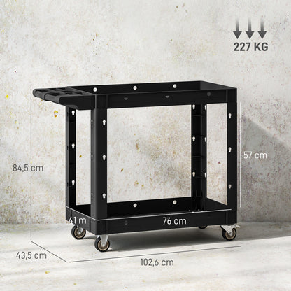 Workshop Tool Cart with 2 Layers, Tool Cart with Side Handle, Hook Holes Workshop Cart for Garage, Warehouse, max. 227 kg Load Capacity, Black