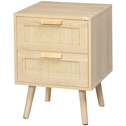 Boho Design Bedside Table Nightstand with 2 Cane Drawers and Wooden Legs for Living Room Bedroom 40x40x56 cm Natural