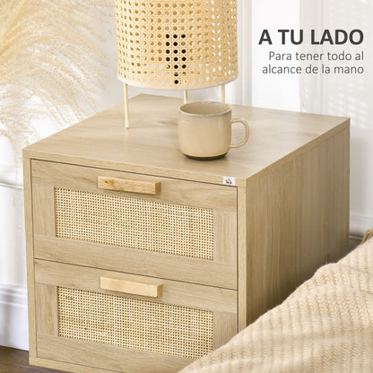 Boho Design Bedside Table Nightstand with 2 Cane Drawers and Wooden Legs for Living Room Bedroom 40x40x56 cm Natural