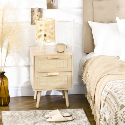 Boho Design Bedside Table Nightstand with 2 Cane Drawers and Wooden Legs for Living Room Bedroom 40x40x56 cm Natural