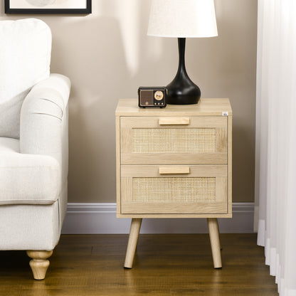 Boho Design Bedside Table Nightstand with 2 Cane Drawers and Wooden Legs for Living Room Bedroom 40x40x56 cm Natural