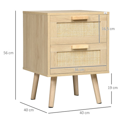 Boho Design Bedside Table Nightstand with 2 Cane Drawers and Wooden Legs for Living Room Bedroom 40x40x56 cm Natural