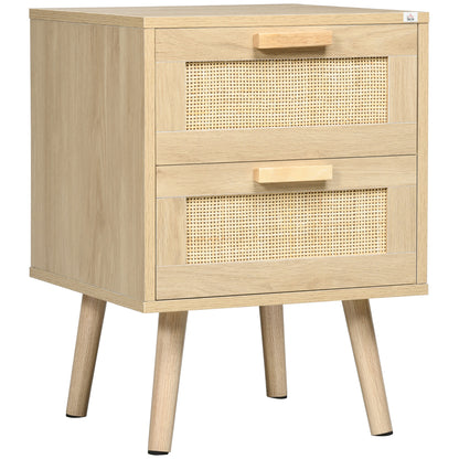 Boho Design Bedside Table Nightstand with 2 Cane Drawers and Wooden Legs for Living Room Bedroom 40x40x56 cm Natural