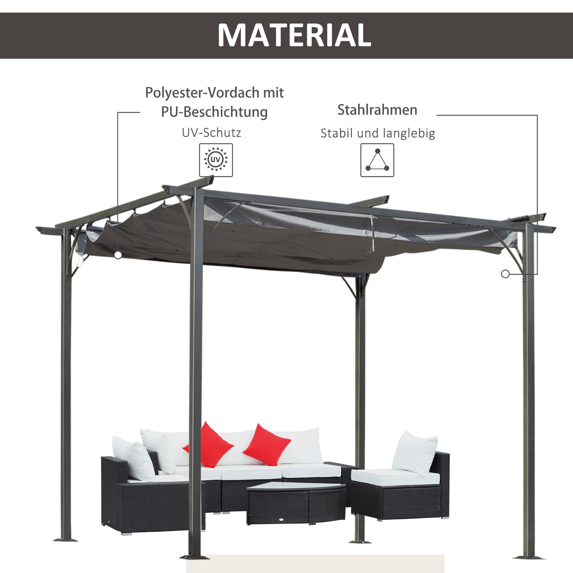 Pergola Waterproof Gazebo 3 x 3 m Patio Canopy with Sliding Roof, UV Protection for Garden Metal Black+Grey