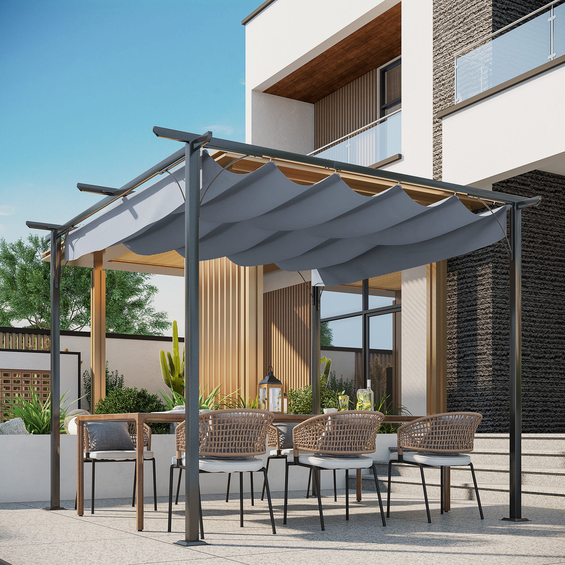 Pergola Waterproof Gazebo 3 x 3 m Patio Canopy with Sliding Roof, UV Protection for Garden Metal Black+Grey