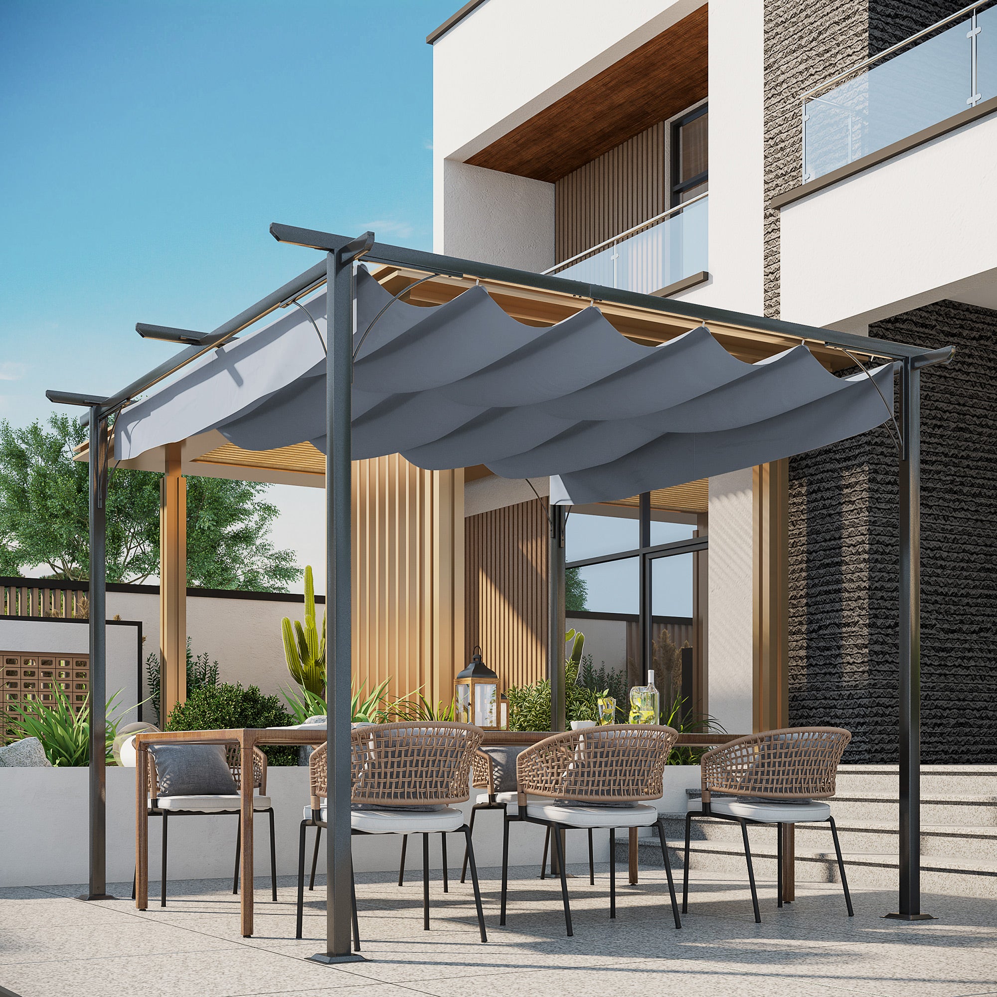 Pergola Waterproof Gazebo 3 x 3 m Patio Canopy with Sliding Roof, UV Protection for Garden Metal Black+Grey