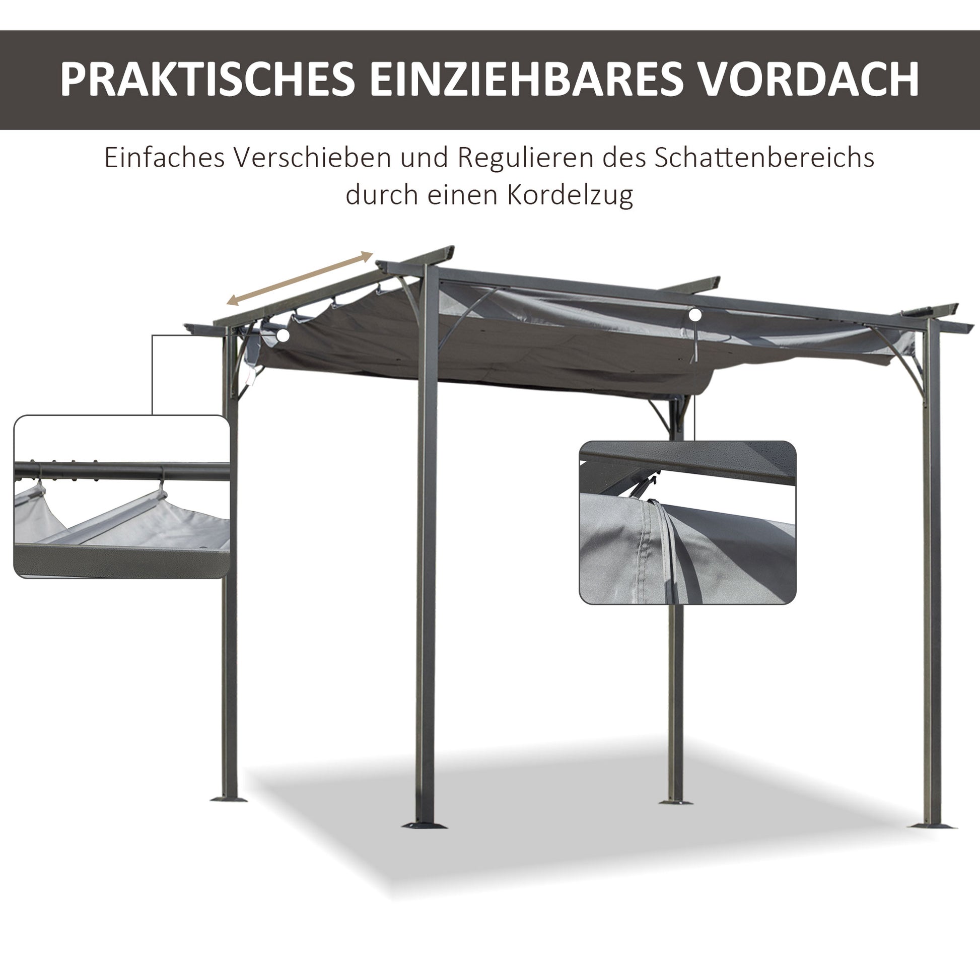 Pergola Waterproof Gazebo 3 x 3 m Patio Canopy with Sliding Roof, UV Protection for Garden Metal Black+Grey