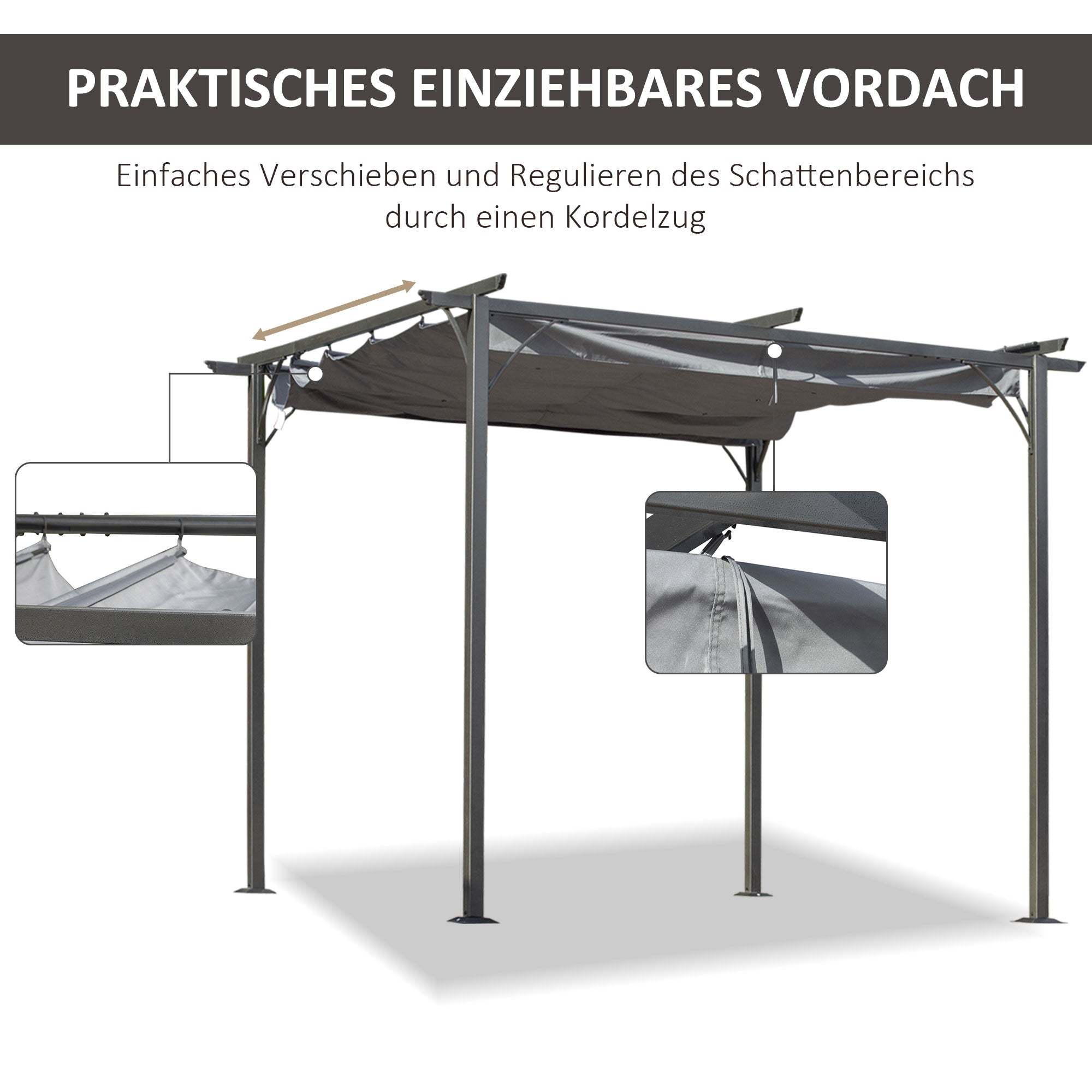 Pergola Waterproof Gazebo 3 x 3 m Patio Canopy with Sliding Roof, UV Protection for Garden Metal Black+Grey
