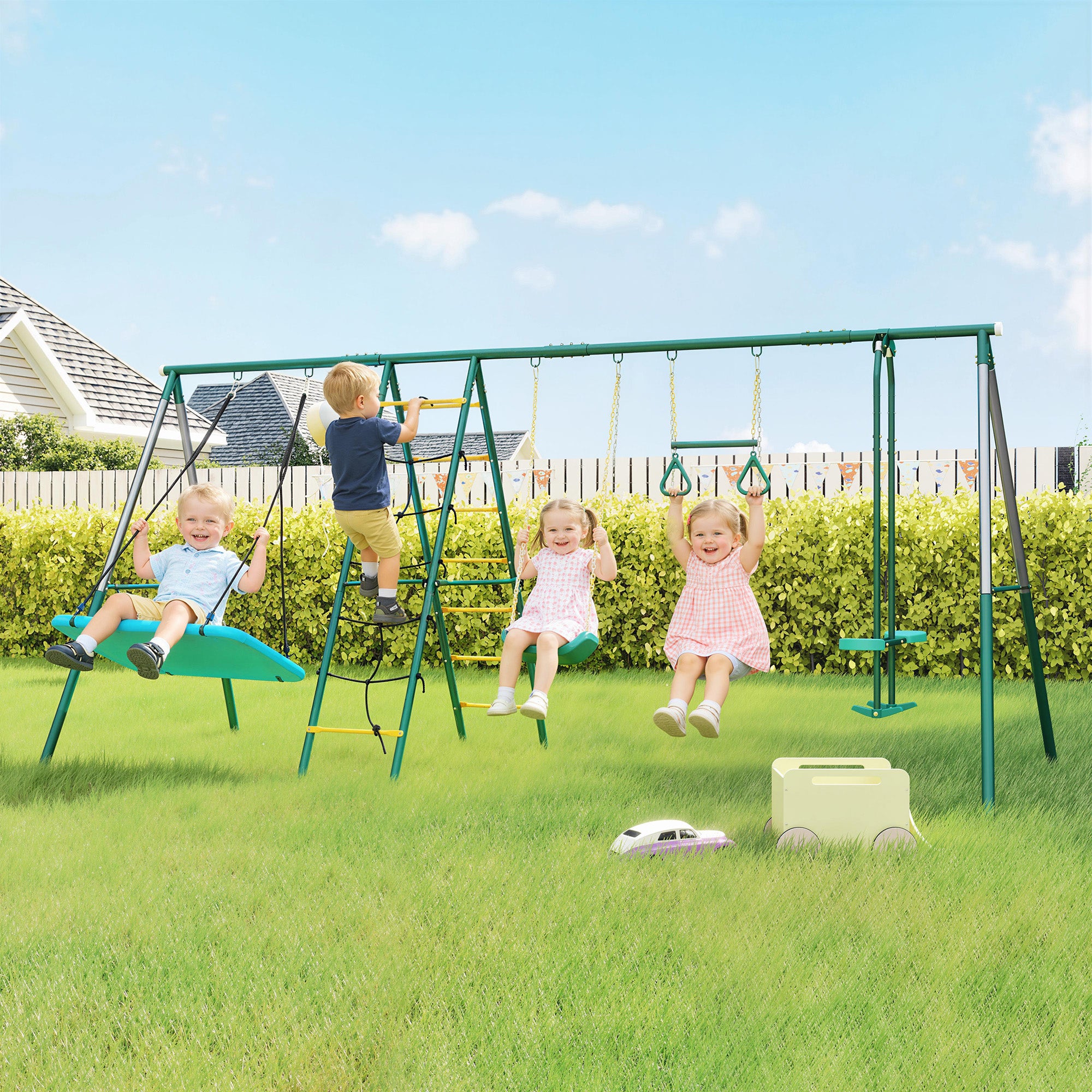 5-in-1 Kids Swing Set — Steel A-Frame (up to 771 lb) with Adjustable Nest Swing, Gym Rings, Double Seat & Climbing Frame, for Ages 3–8 — 440 x 175 x 203 cm (14'5" x 5'9" x 6'8")