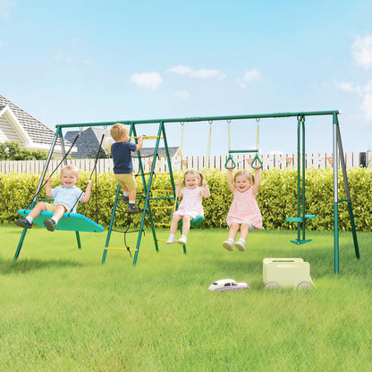 5-in-1 Kids Swing Set — Steel A-Frame (up to 771 lb) with Adjustable Nest Swing, Gym Rings, Double Seat & Climbing Frame, for Ages 3–8 — 440 x 175 x 203 cm (14'5" x 5'9" x 6'8")
