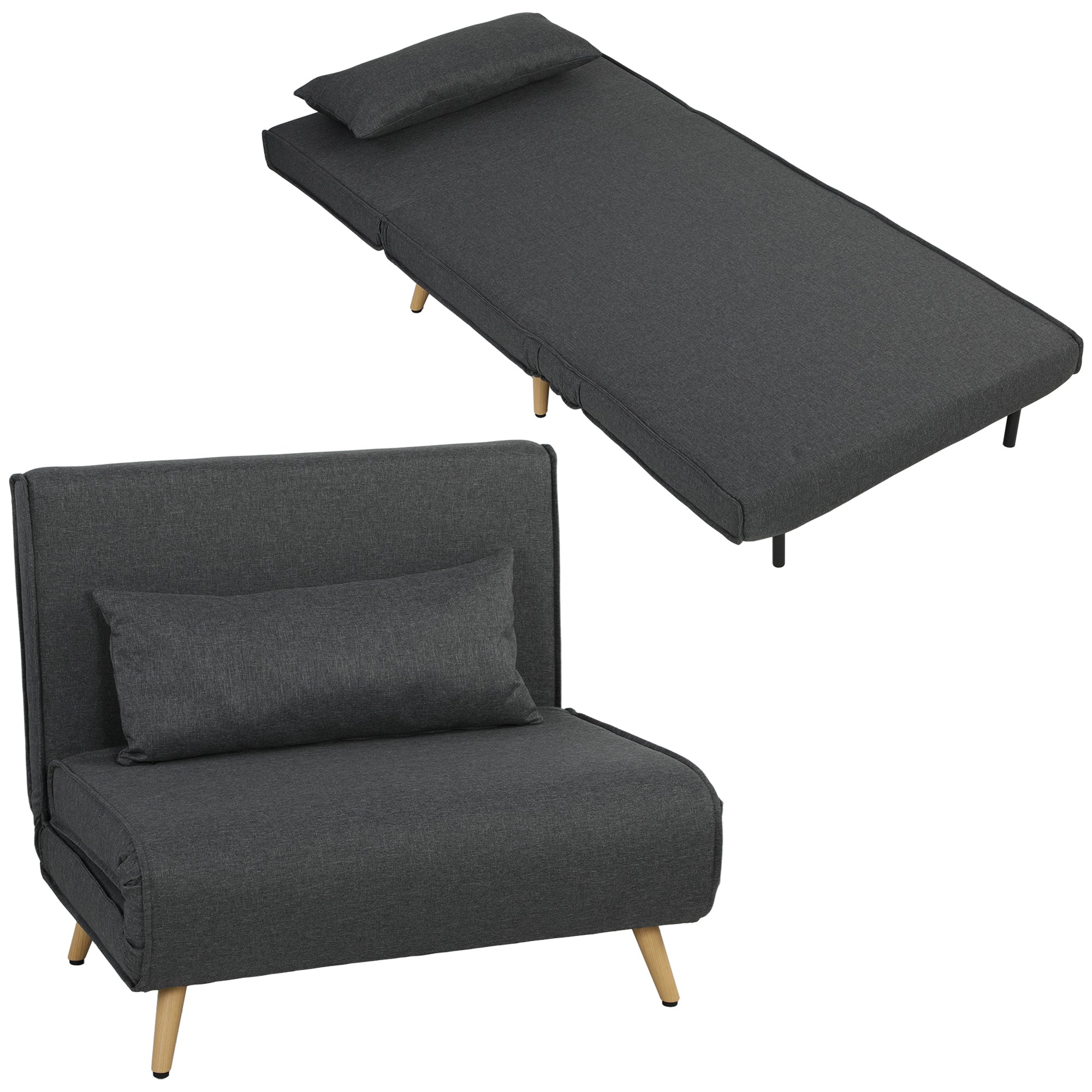 3-in-1 Sleeper Chair with Fold-Out Bed, Converts to 190 x 63 cm Single Bed, Adjustable Recline, Metal Legs, Lumbar Pillow, Linen-Look Grey