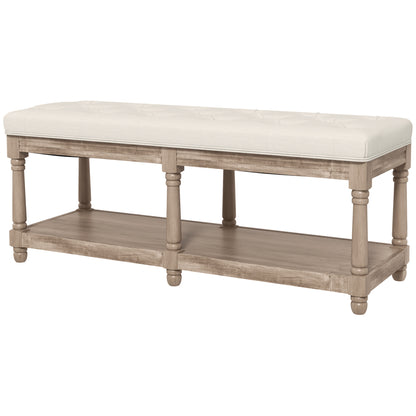 Tufted Shoe Bench Classic Style with 2-tier Shelf 115cm Bed End Linen Upholstered Carved Wood Legs Linen Beige