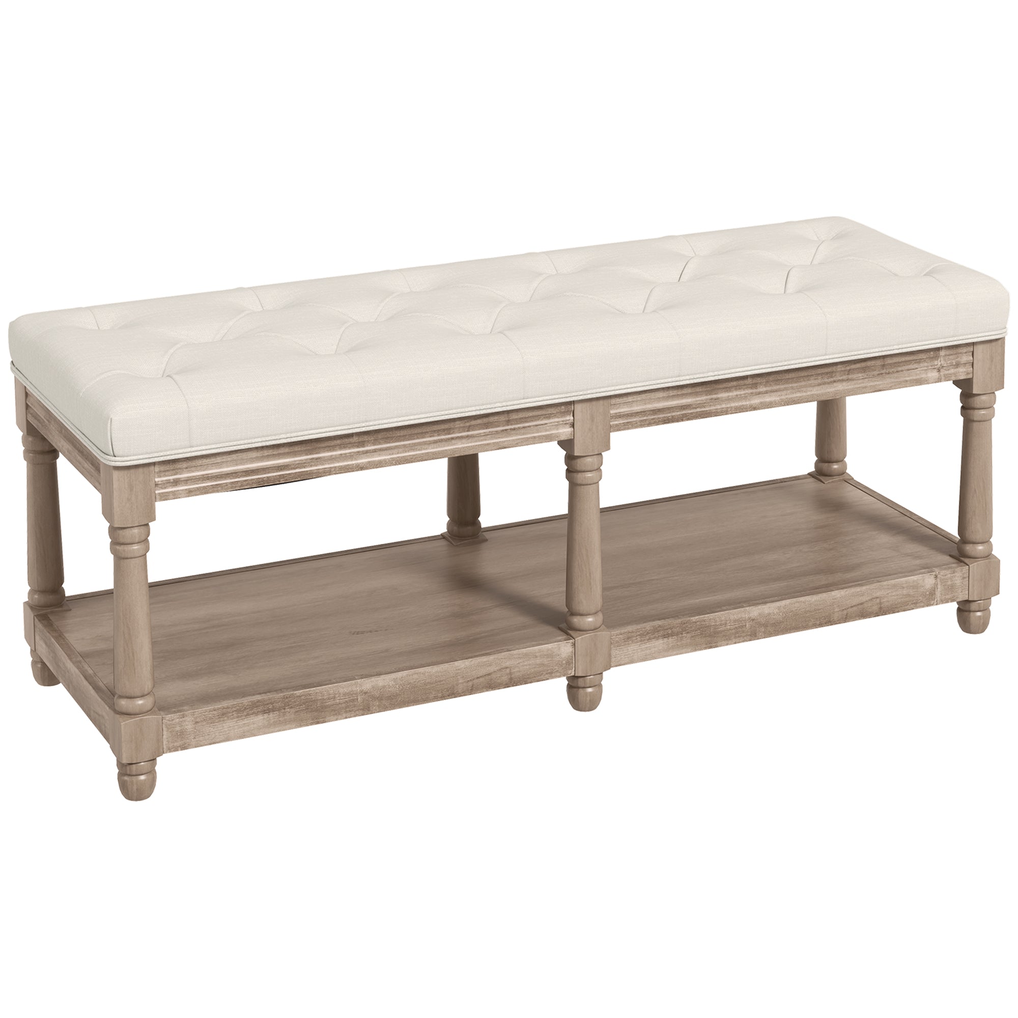 Tufted Shoe Bench Classic Style with 2-tier Shelf 115cm Bed End Linen Upholstered Carved Wood Legs Linen Beige
