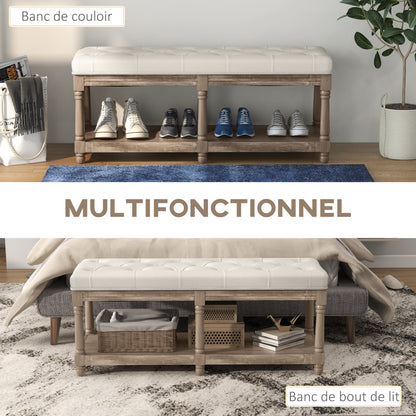 Tufted Shoe Bench Classic Style with 2-tier Shelf 115cm Bed End Linen Upholstered Carved Wood Legs Linen Beige
