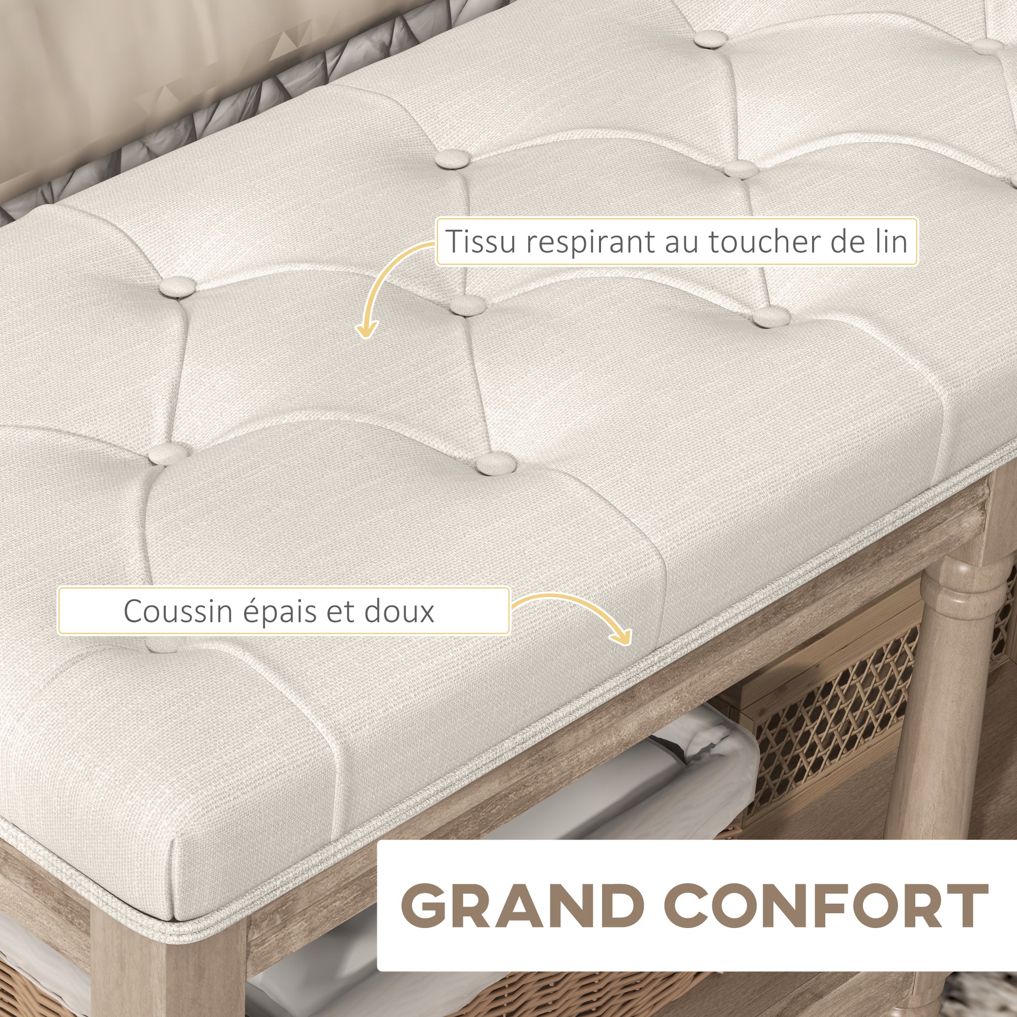 Tufted Shoe Bench Classic Style with 2-tier Shelf 115cm Bed End Linen Upholstered Carved Wood Legs Linen Beige