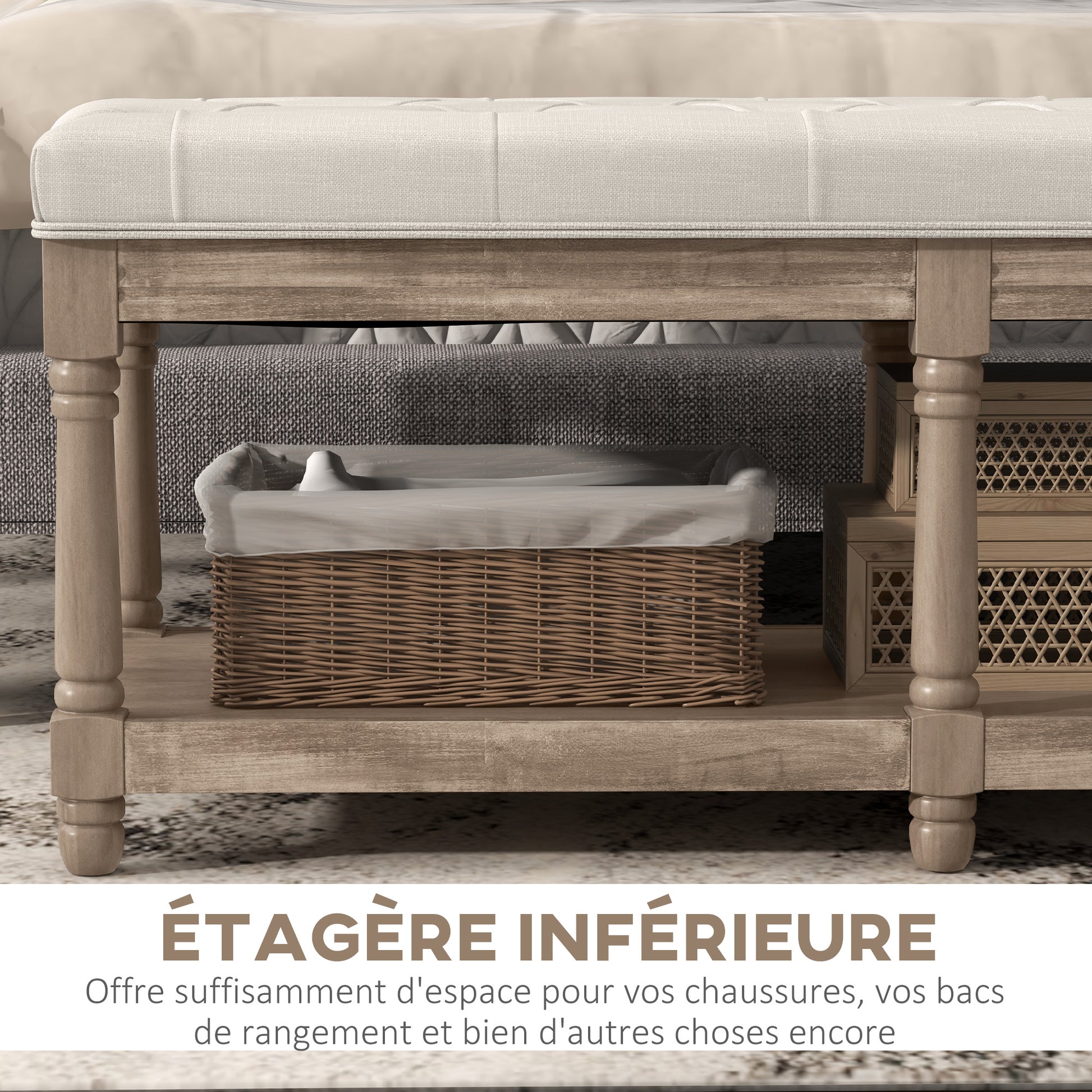 Tufted Shoe Bench Classic Style with 2-tier Shelf 115cm Bed End Linen Upholstered Carved Wood Legs Linen Beige