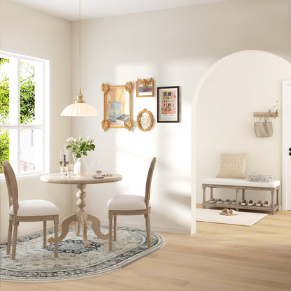 Tufted Shoe Bench Classic Style with 2-tier Shelf 115cm Bed End Linen Upholstered Carved Wood Legs Linen Beige