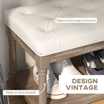 Tufted Shoe Bench Classic Style with 2-tier Shelf 115cm Bed End Linen Upholstered Carved Wood Legs Linen Beige