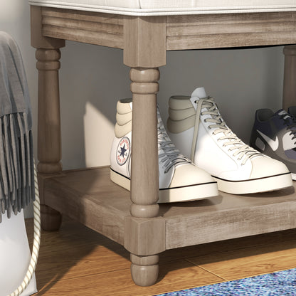 Tufted Shoe Bench Classic Style with 2-tier Shelf 115cm Bed End Linen Upholstered Carved Wood Legs Linen Beige