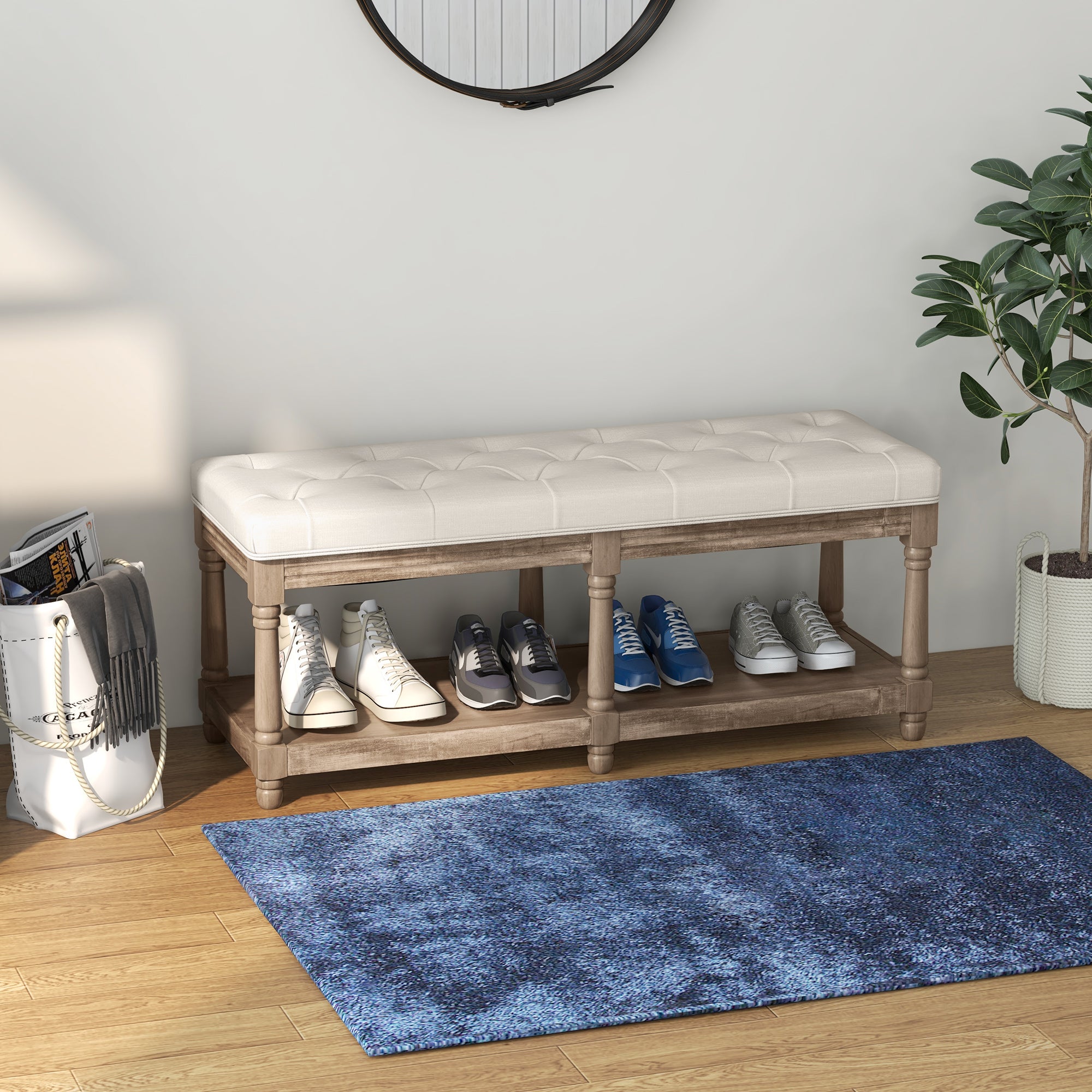 Tufted Shoe Bench Classic Style with 2-tier Shelf 115cm Bed End Linen Upholstered Carved Wood Legs Linen Beige