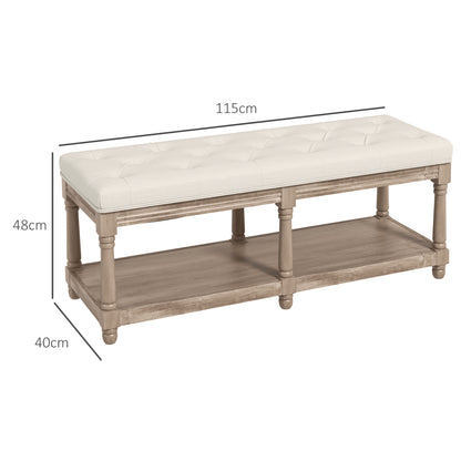 Tufted Shoe Bench Classic Style with 2-tier Shelf 115cm Bed End Linen Upholstered Carved Wood Legs Linen Beige