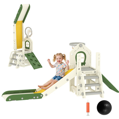 Foldable 4-in-1 Toddler Slide — Slide with Climber, Basketball Hoop & Ball, Storage Basket; Easy to Assemble & Clean, Indoor, Ages 1–3, Cream