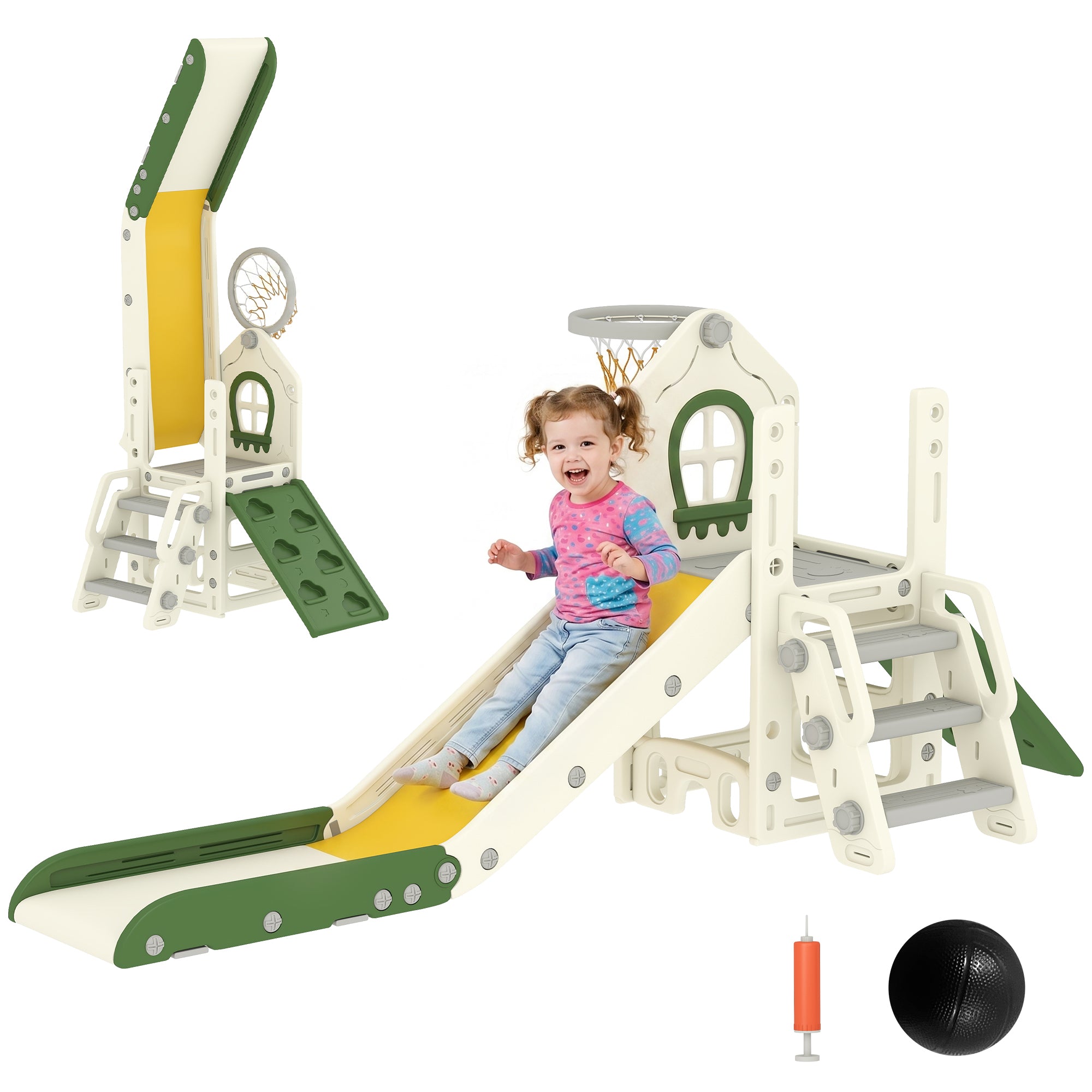 Foldable 4-in-1 Toddler Slide — Slide with Climber, Basketball Hoop & Ball, Storage Basket; Easy to Assemble & Clean, Indoor, Ages 1–3, Cream