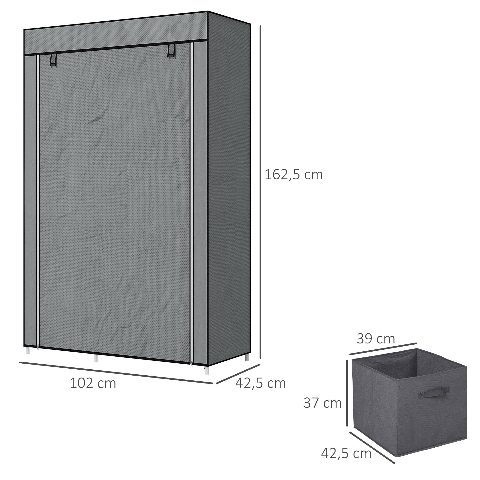 Fabric Wardrobe with Drawers, Clothes Rail, and Zipper, Fabric Wardrobe Foldable Wardrobe for Bedroom, Dressing Room, 102 x 42.5 x 162.5 cm, Dark Gray